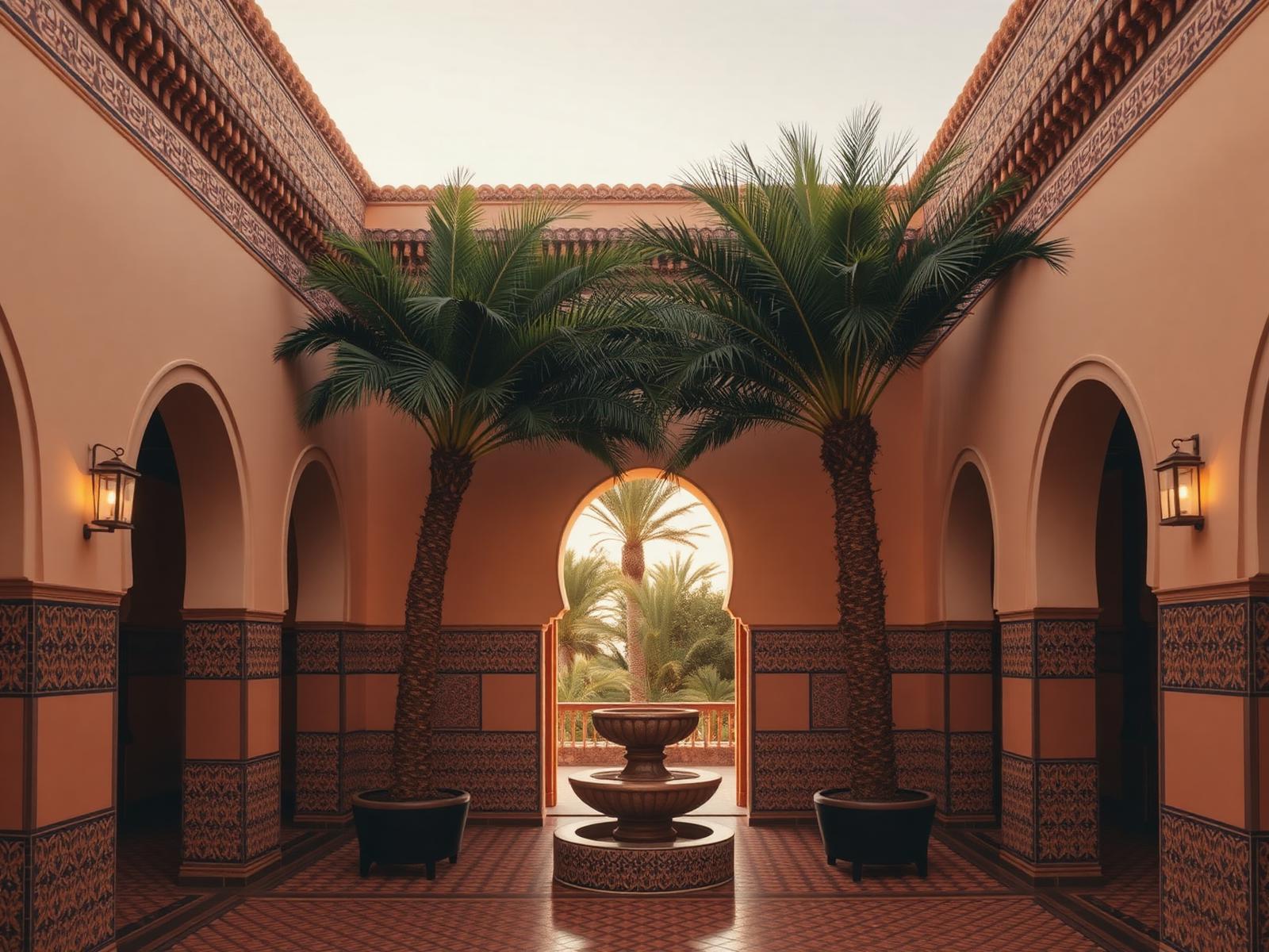 A courtyard riad in Marrakech with tiled walls and citrus trees