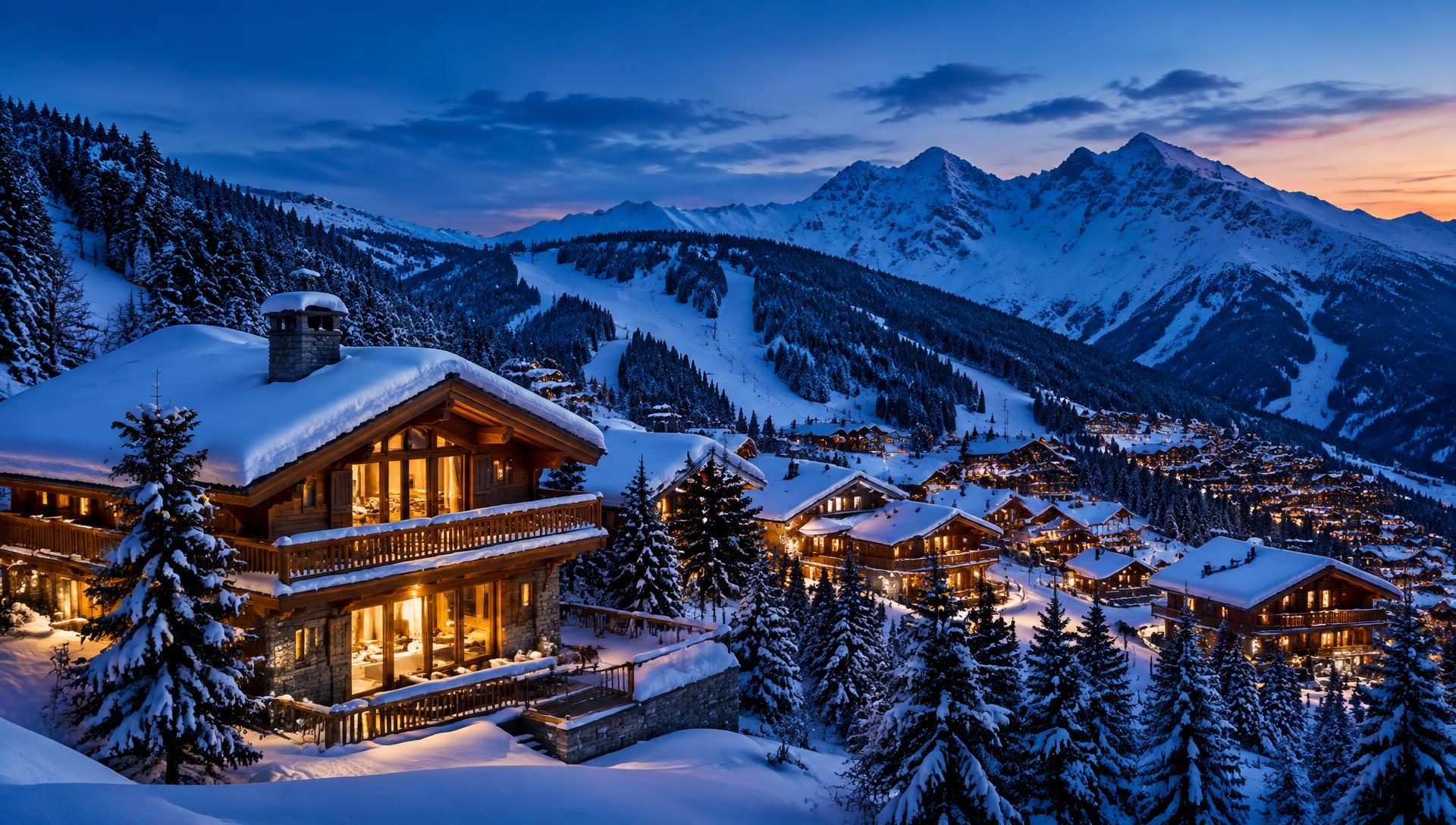 Courchevel at dusk, chalets glowing under snow-covered peaks