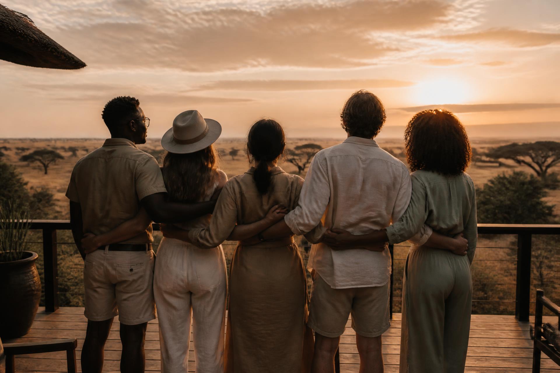 A small group watching the sun set over the savannah from a lodge deck