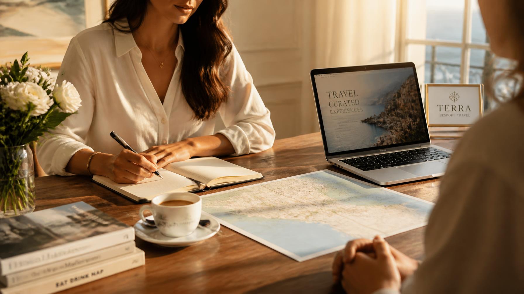 A warm travel consultation scene with a laptop, map, notebook and fresh flowers on a sunlit wooden desk