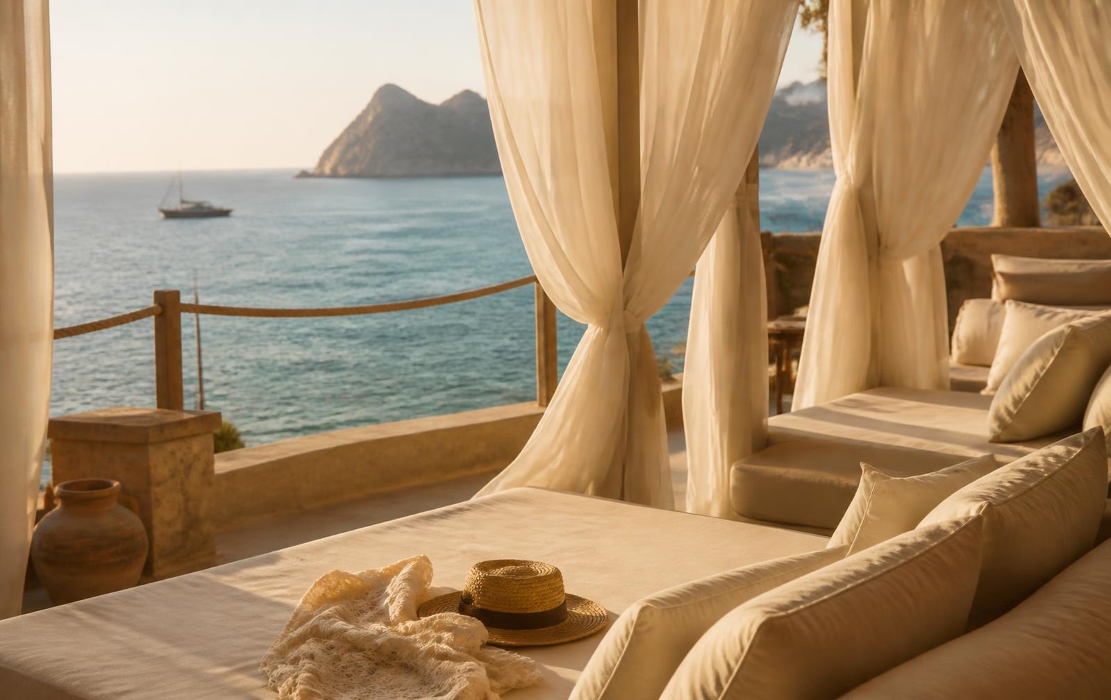A serene luxury hotel terrace with linen daybeds overlooking a calm sea at golden hour