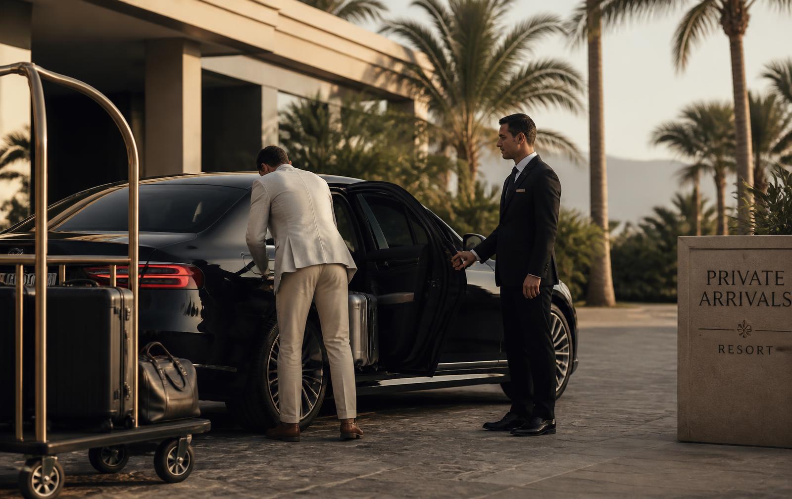 A sleek private transfer vehicle waiting at a luxury resort entrance at golden hour