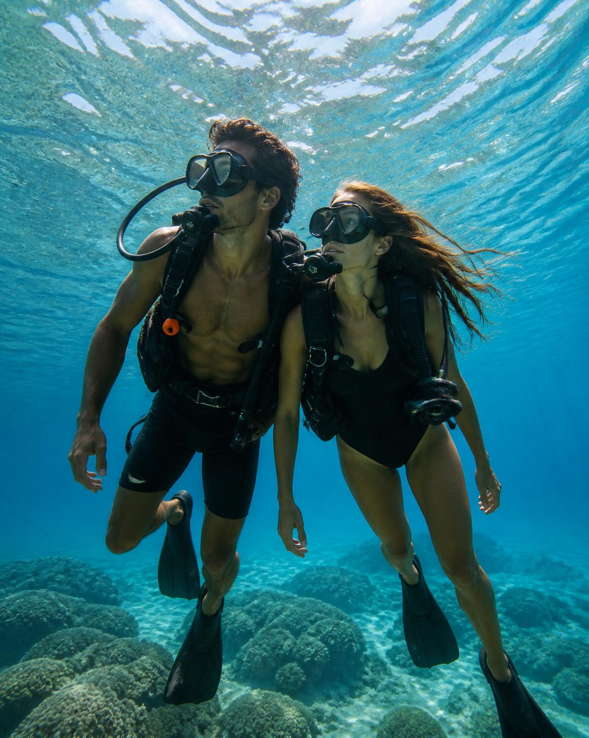 A couple swimming in clear water off a private boat