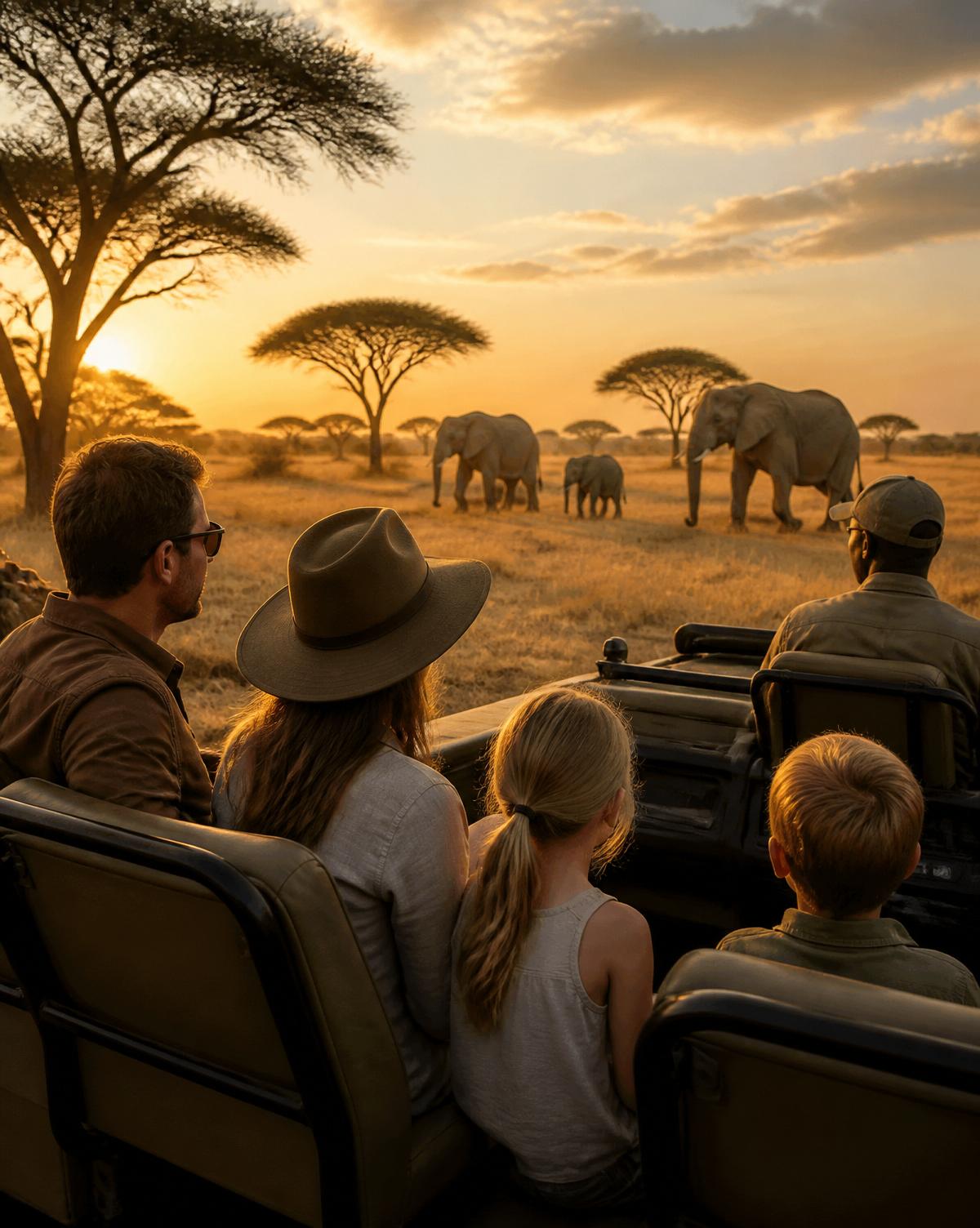 A family watching elephants from an open safari vehicle