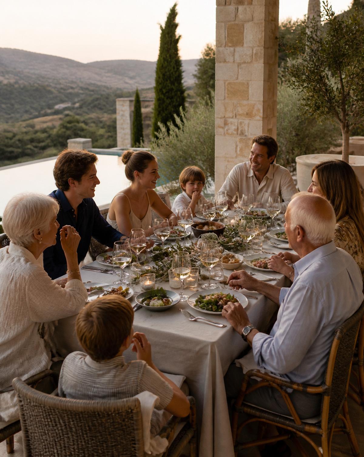 Three generations of a family around a long table at a private villa