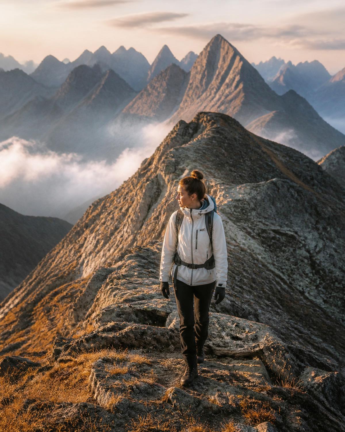 A solo traveller walking a mountain trail at first light