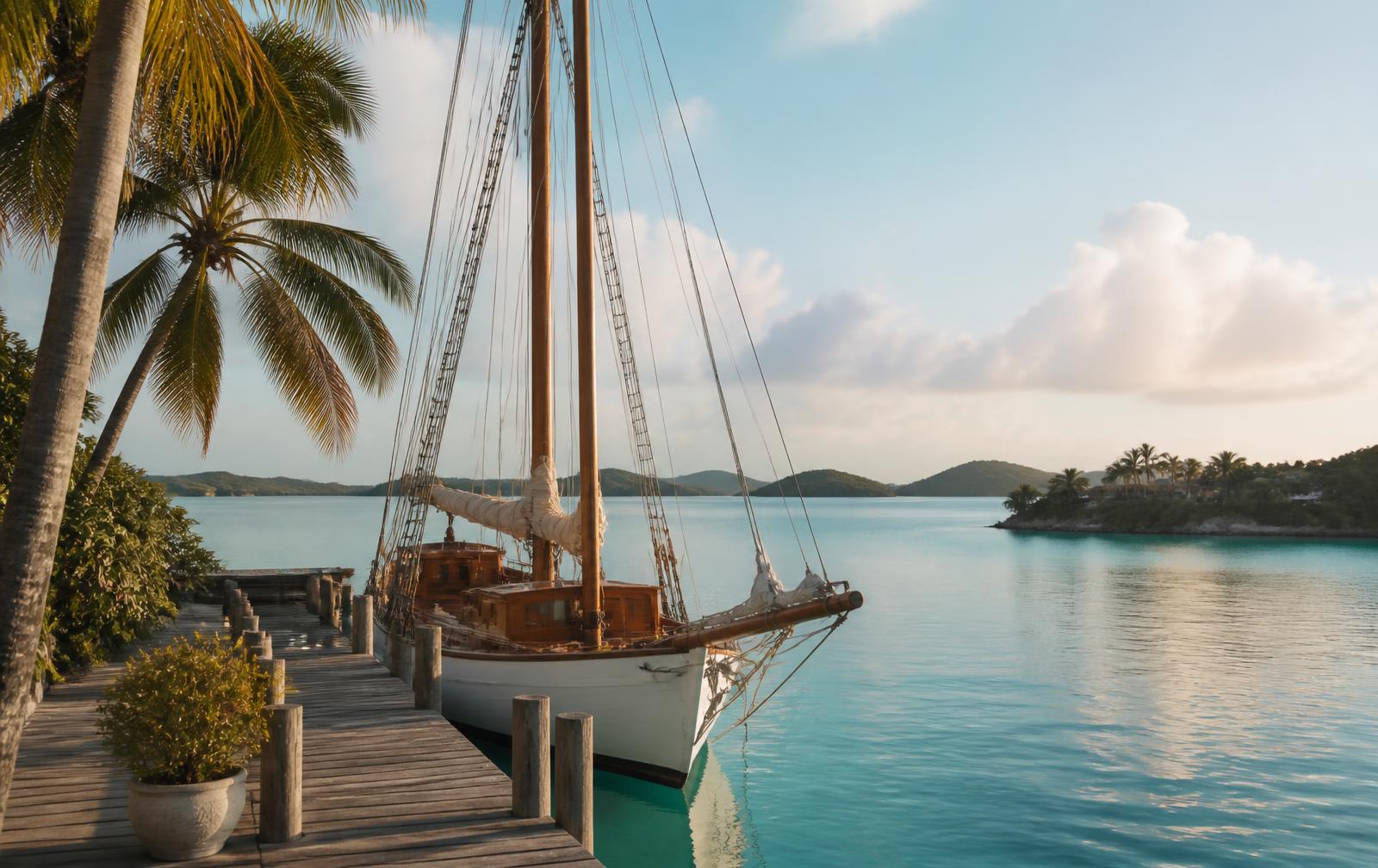 A Caribbean beach fringed with palms at golden hour