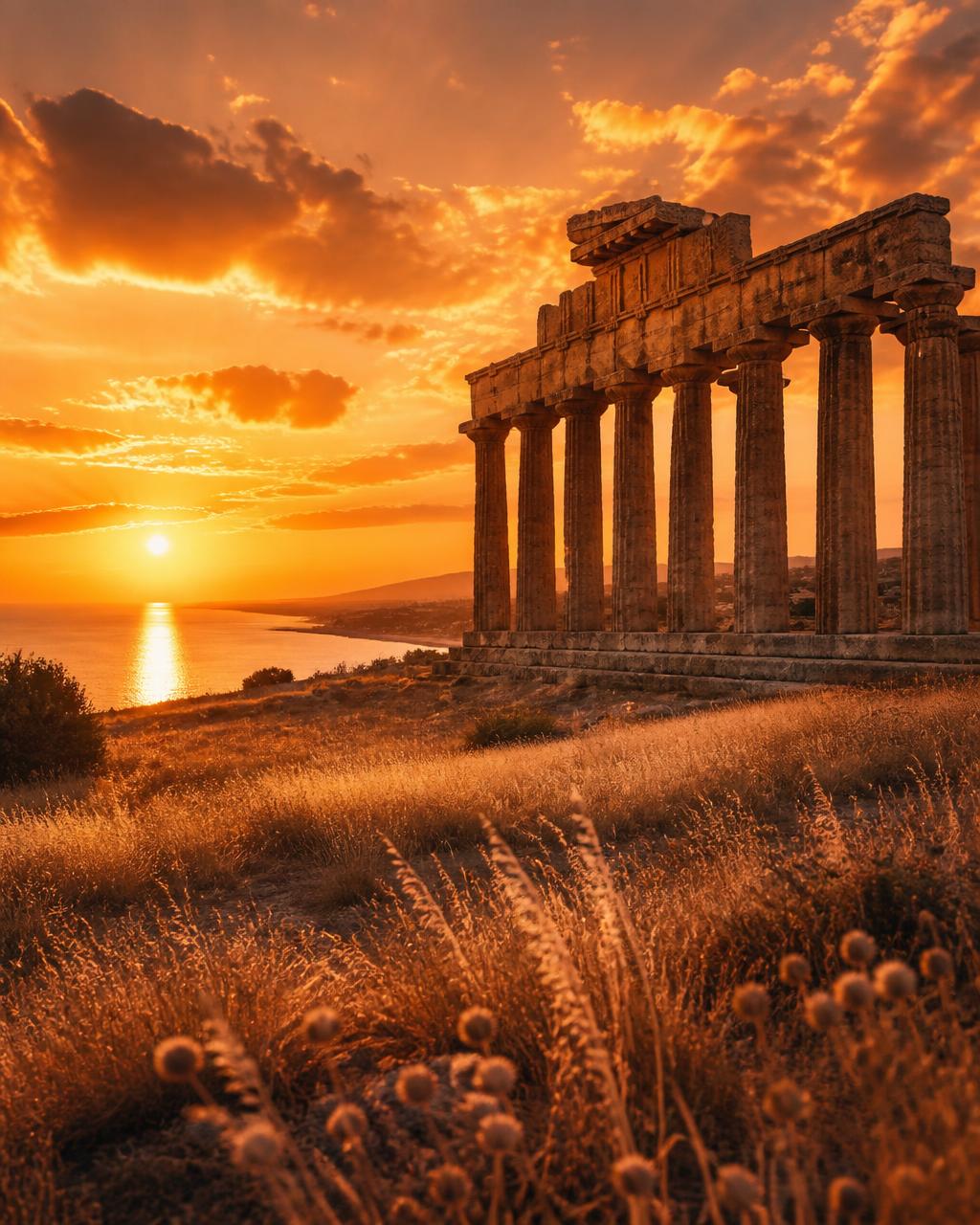 Ancient Greek columns on the Sicilian coast at sunset