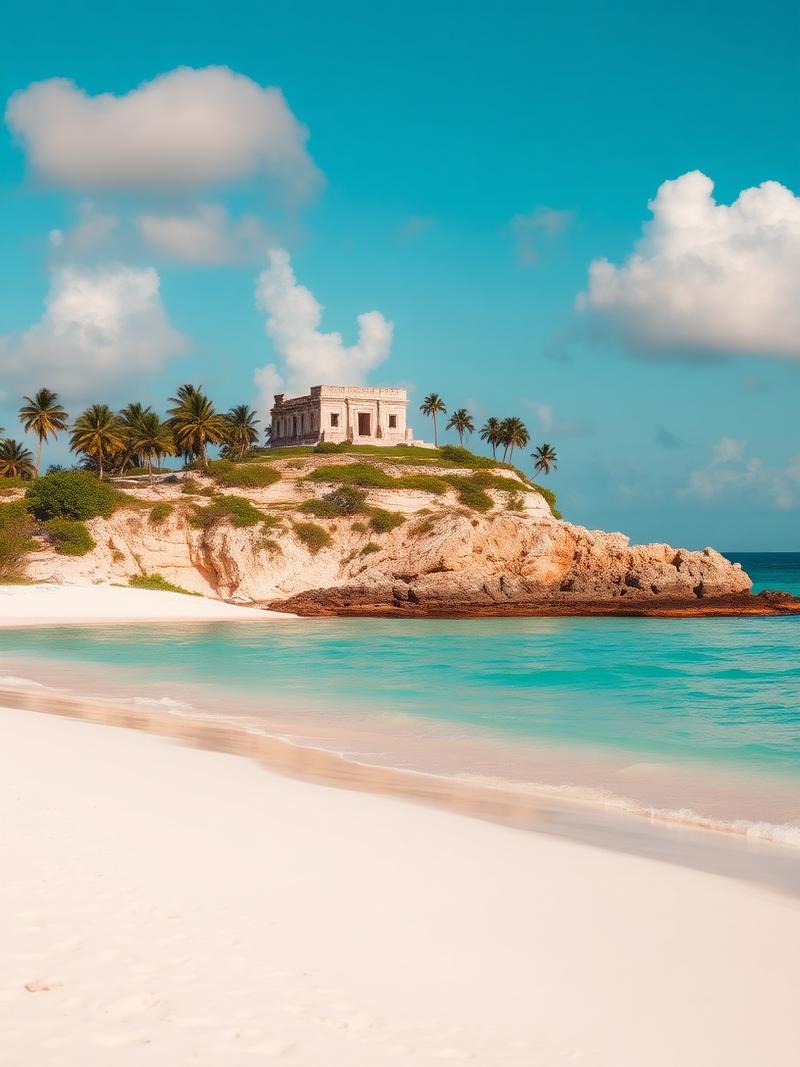 A white sand beach and Mayan ruins above turquoise water in Tulum