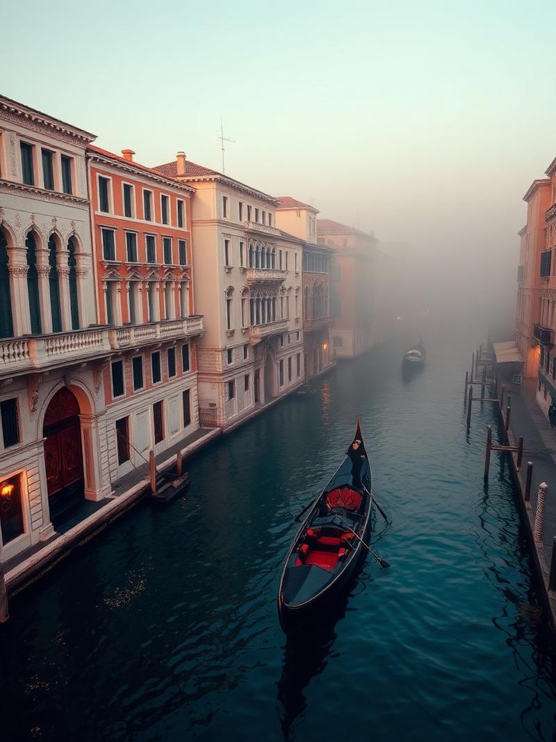 A quiet Venice canal at dawn with a single gondola