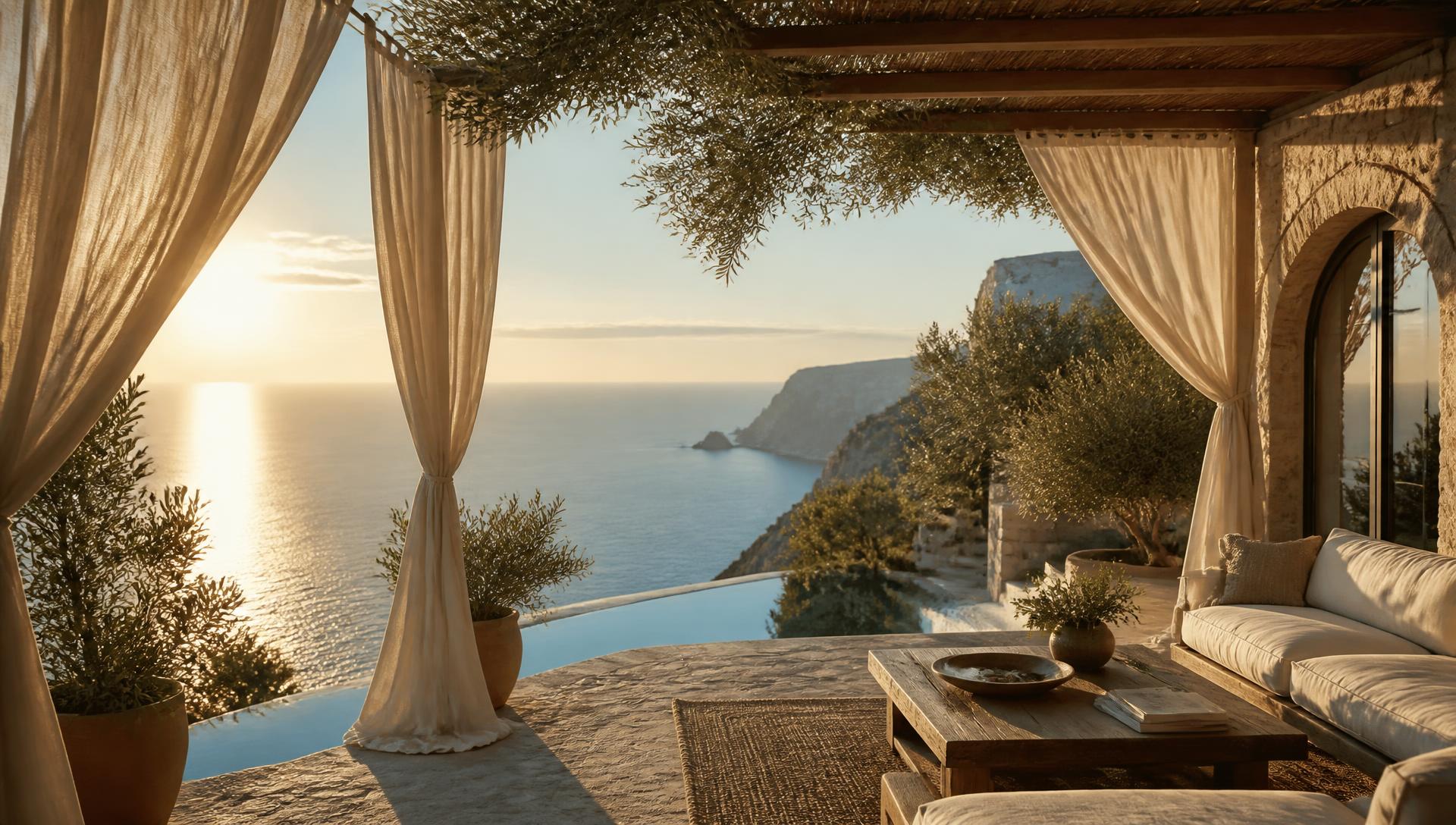 A linen-draped clifftop villa terrace above the sea at golden hour