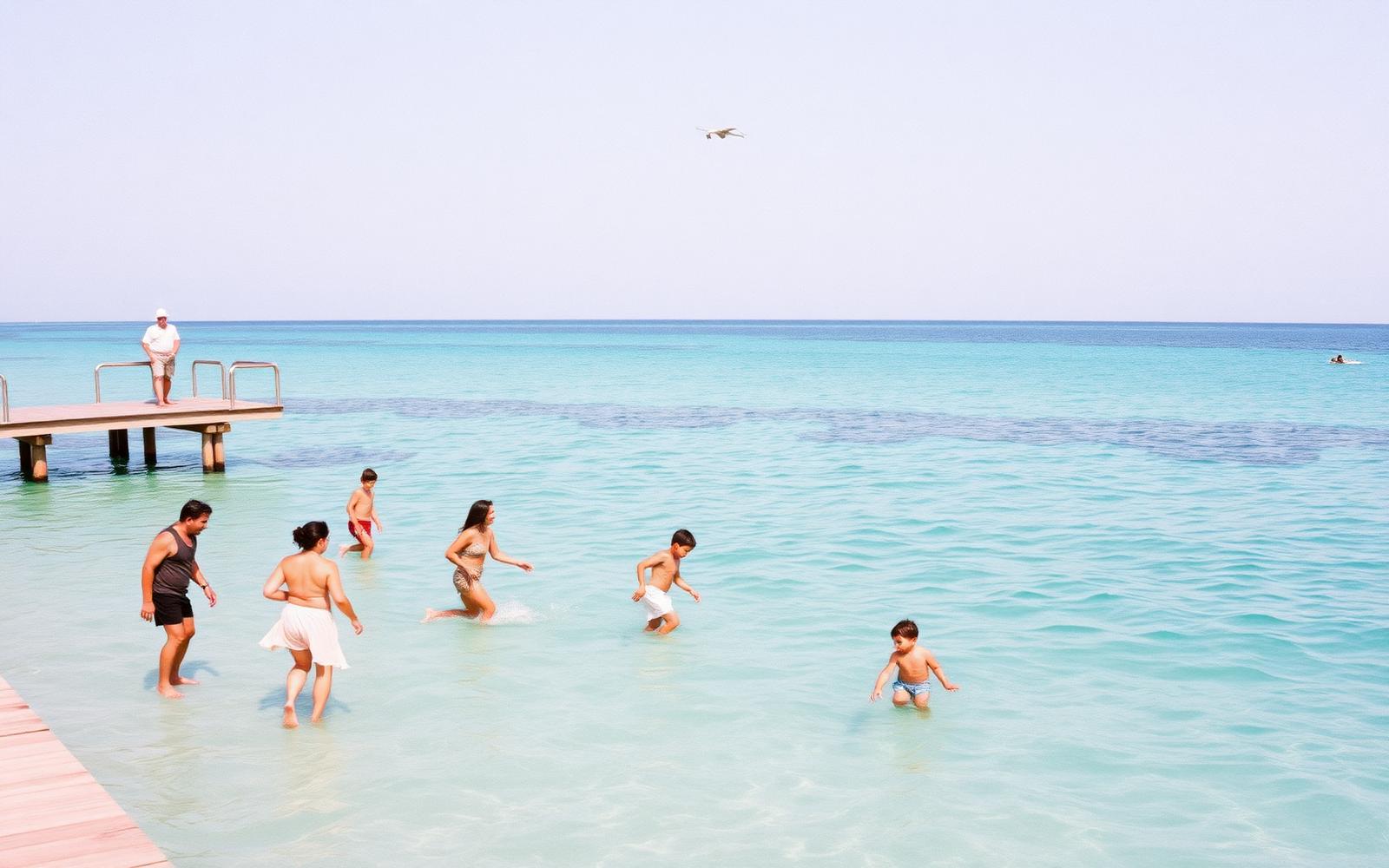 A family playing together in shallow turquoise water beside a villa jetty
