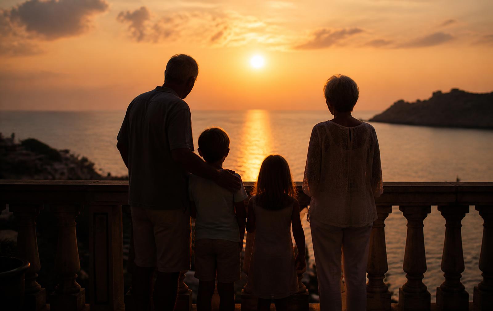 Grandparents and grandchildren watching the sunset from a terrace above the sea