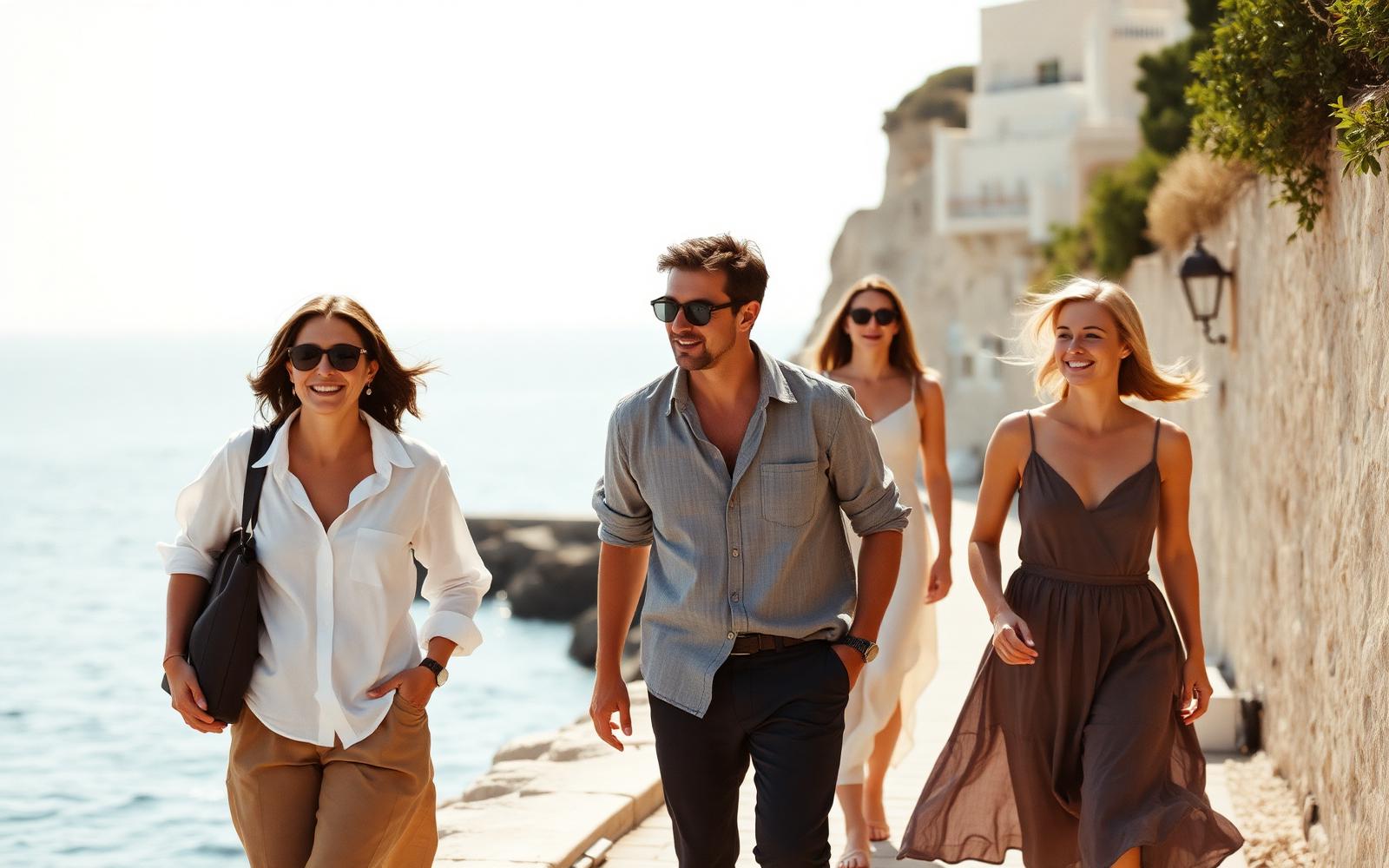A small group of travellers walking a sunlit coastal path together