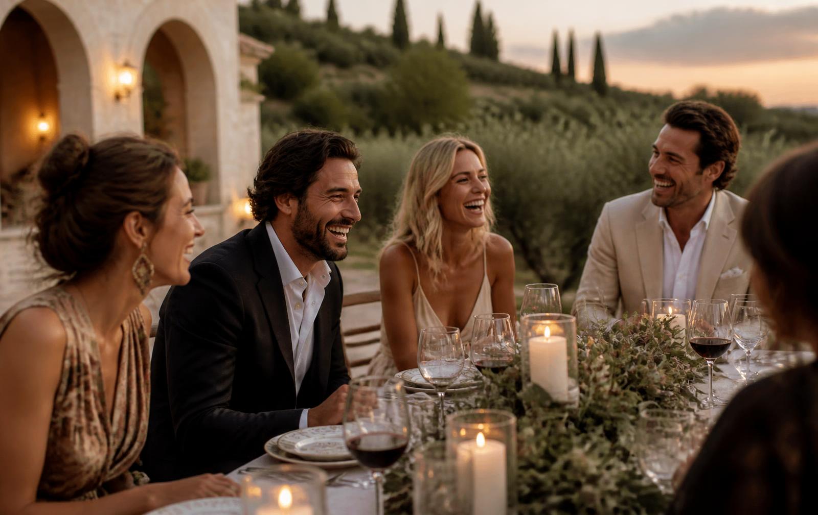 A small group of adults laughing around a candlelit dinner table at a luxury villa