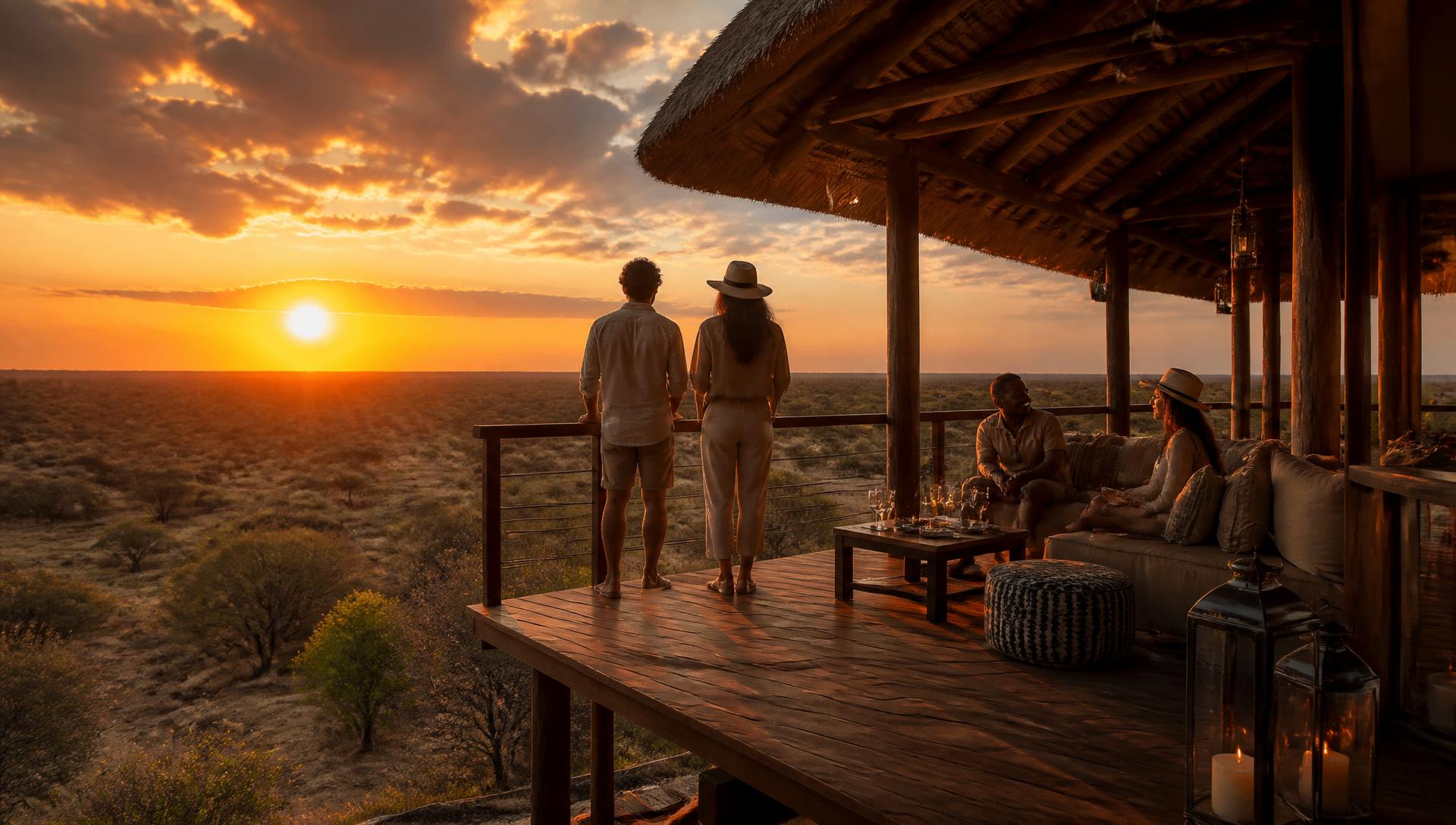 A small group watching sunset from a safari lodge deck