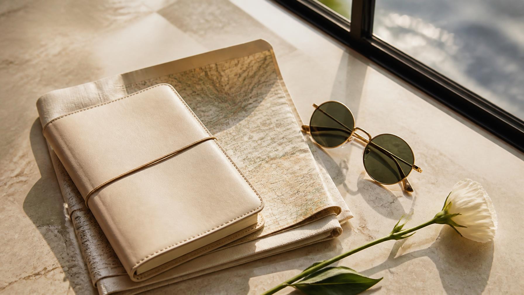 A leather travel journal, linen map and sunglasses on a sunlit stone table