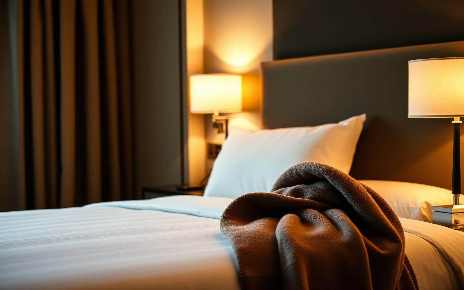 A softly lit hotel suite turned down for the evening