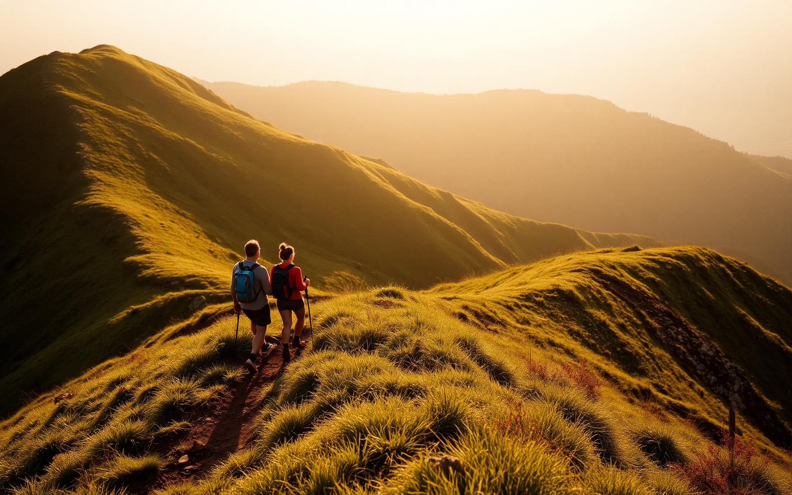 Two walkers on a mountain ridge trail in late afternoon light