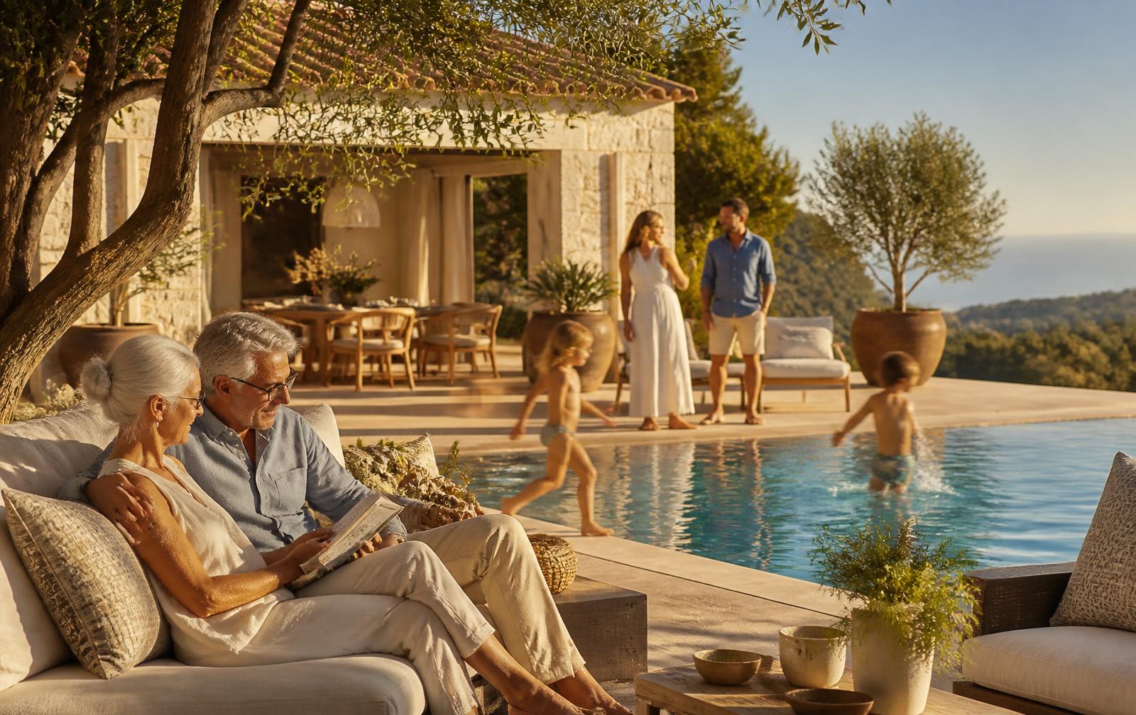 Three generations of a family relaxing at a private Mediterranean villa