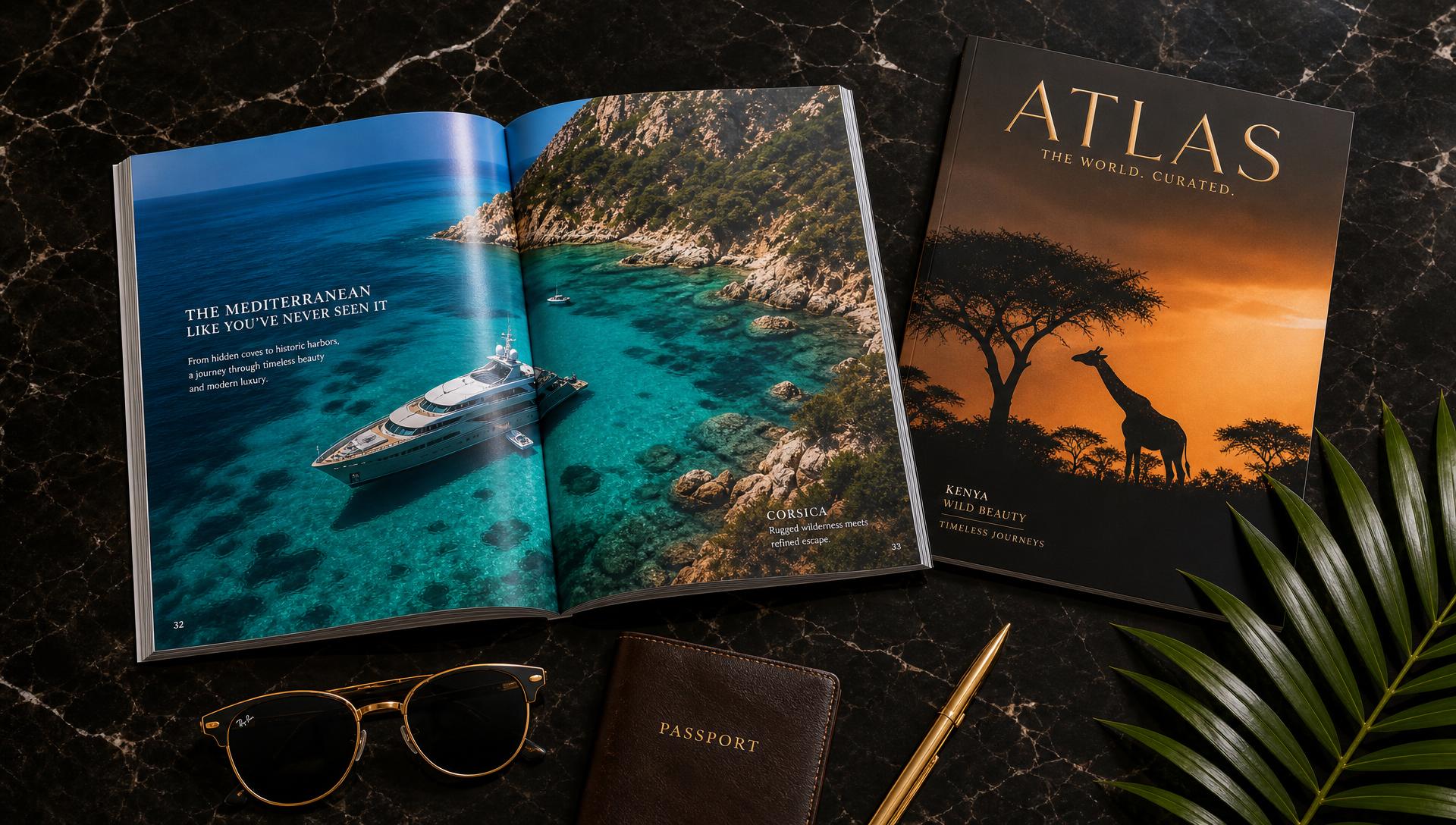Glossy luxury travel magazines open on dark marble with designer sunglasses and a passport