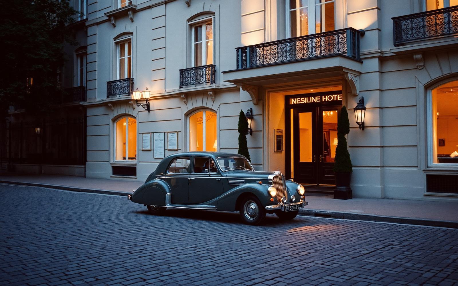 A private car and driver waiting outside a grand hotel at dusk