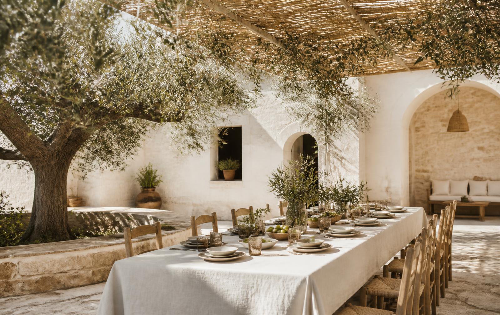 A shaded lunch table beneath olive trees at a whitewashed Puglian masseria