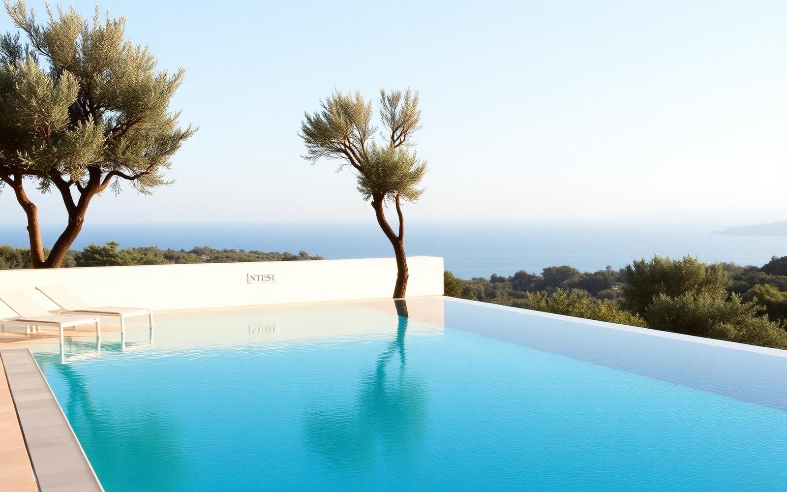 A quiet infinity pool framed by olive trees with no one around