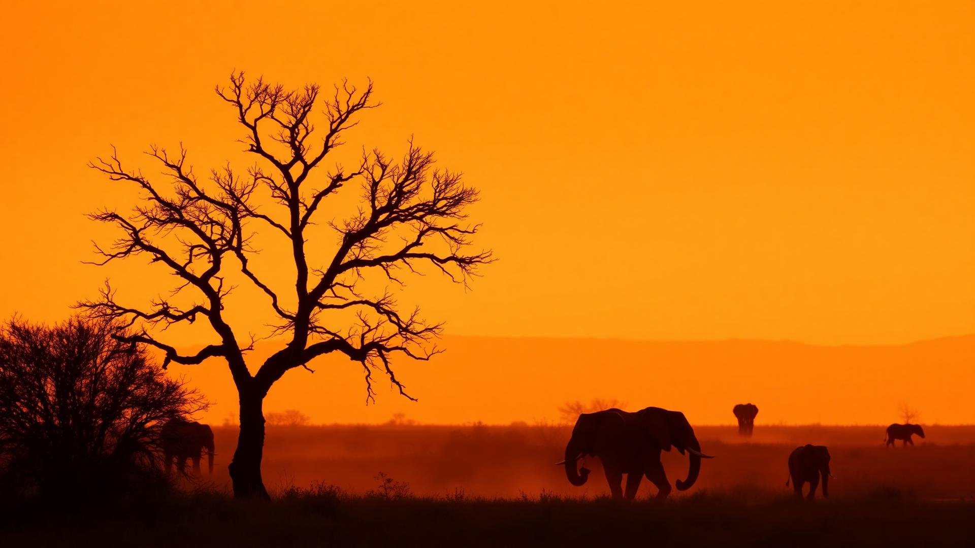 Elephants beneath an acacia at sunset