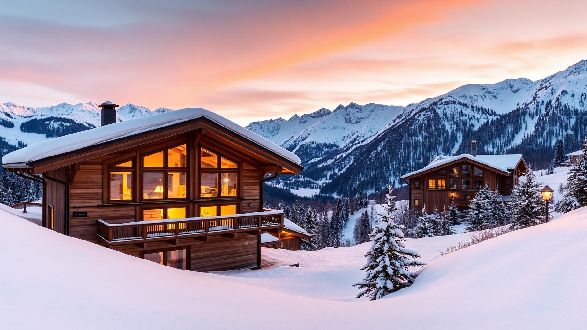 Wooden chalets in deep snow at dusk