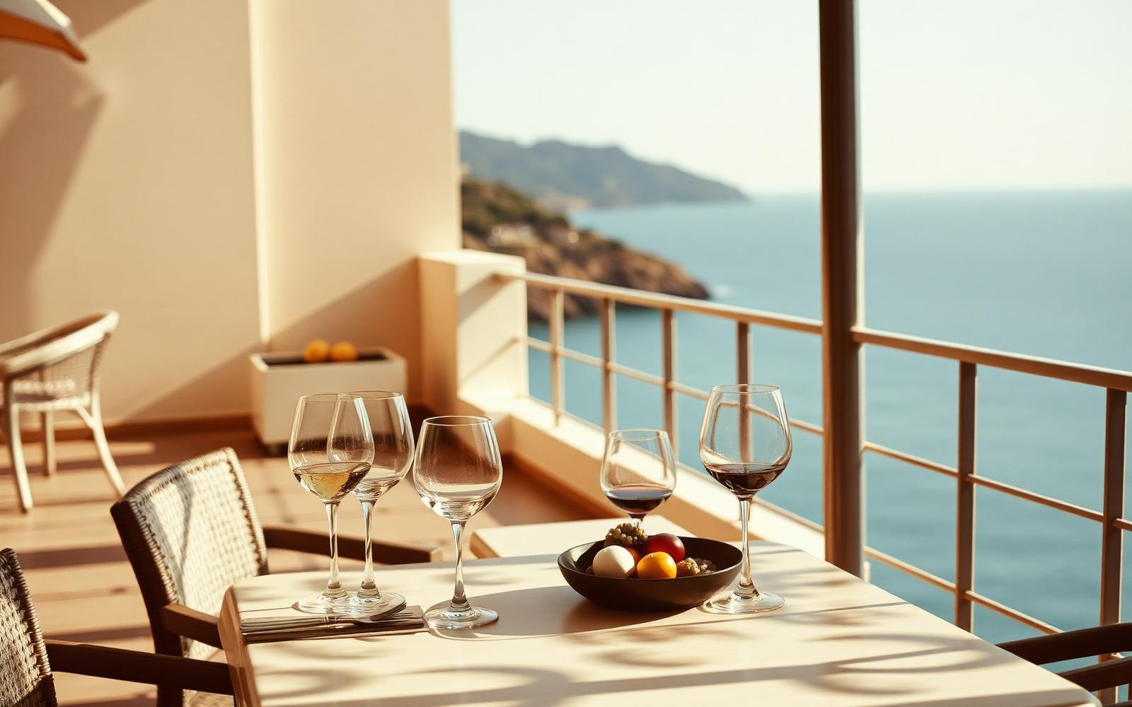 A long, unhurried lunch table on a quiet terrace above the sea