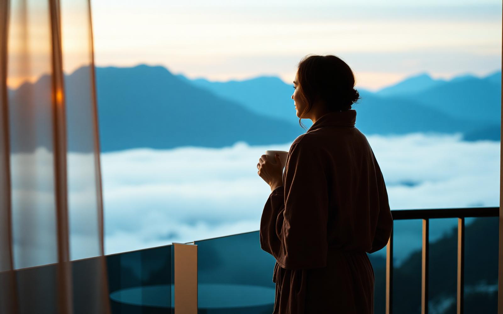 A peaceful sunrise view from a private balcony with soft linen curtains