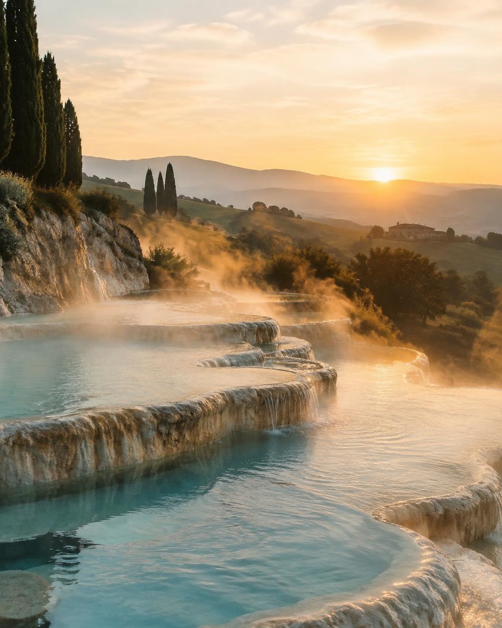 Steaming thermal pools among Tuscan hills at sunrise
