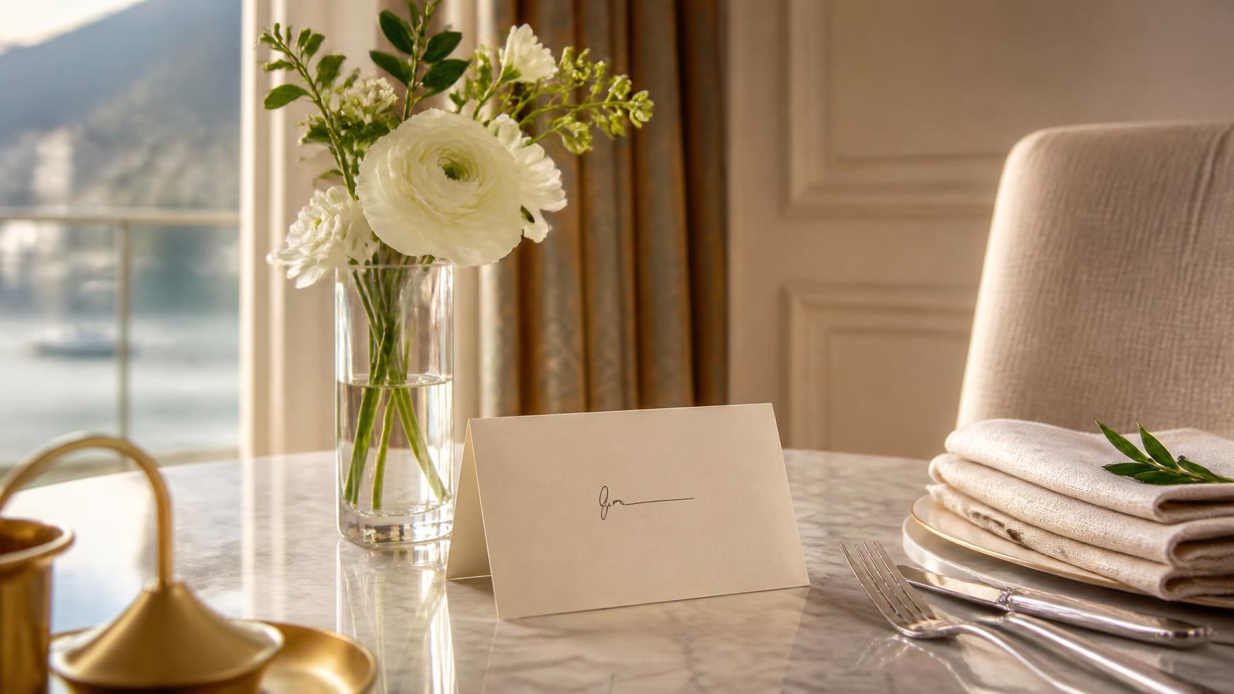 A handwritten welcome card beside fresh flowers on a polished marble table