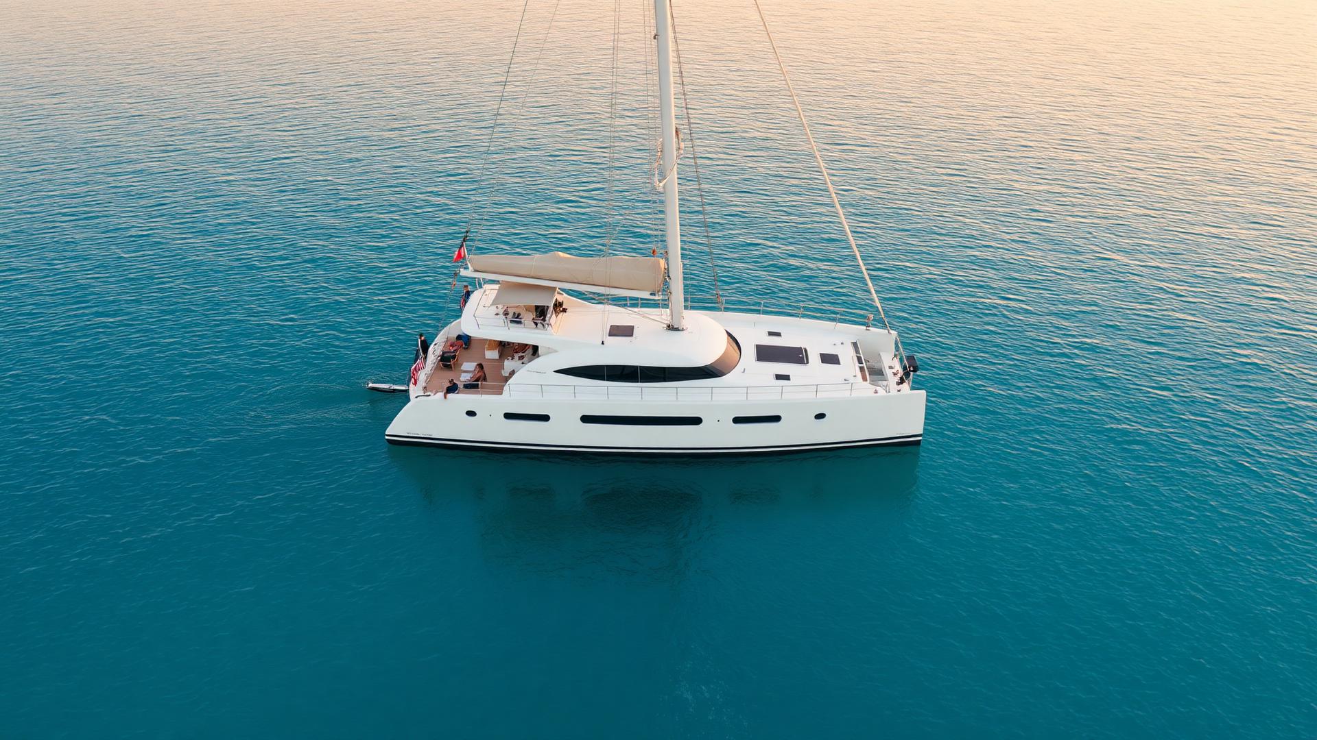 A crewed yacht anchored off a Mediterranean coast